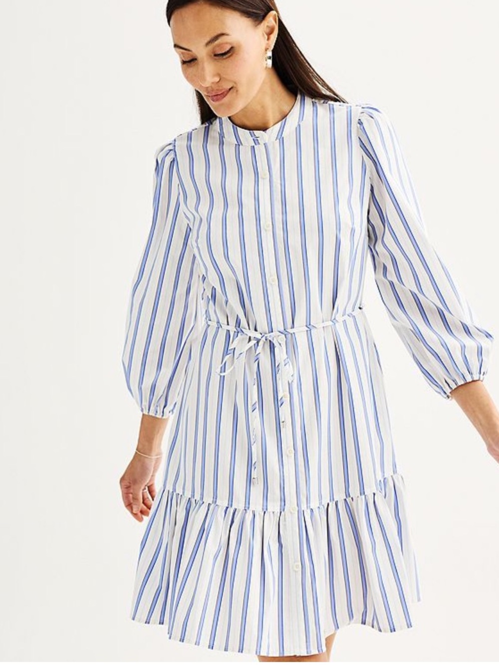 Nine West Striped Button-Front Tie-Waist Dress in White and Blue